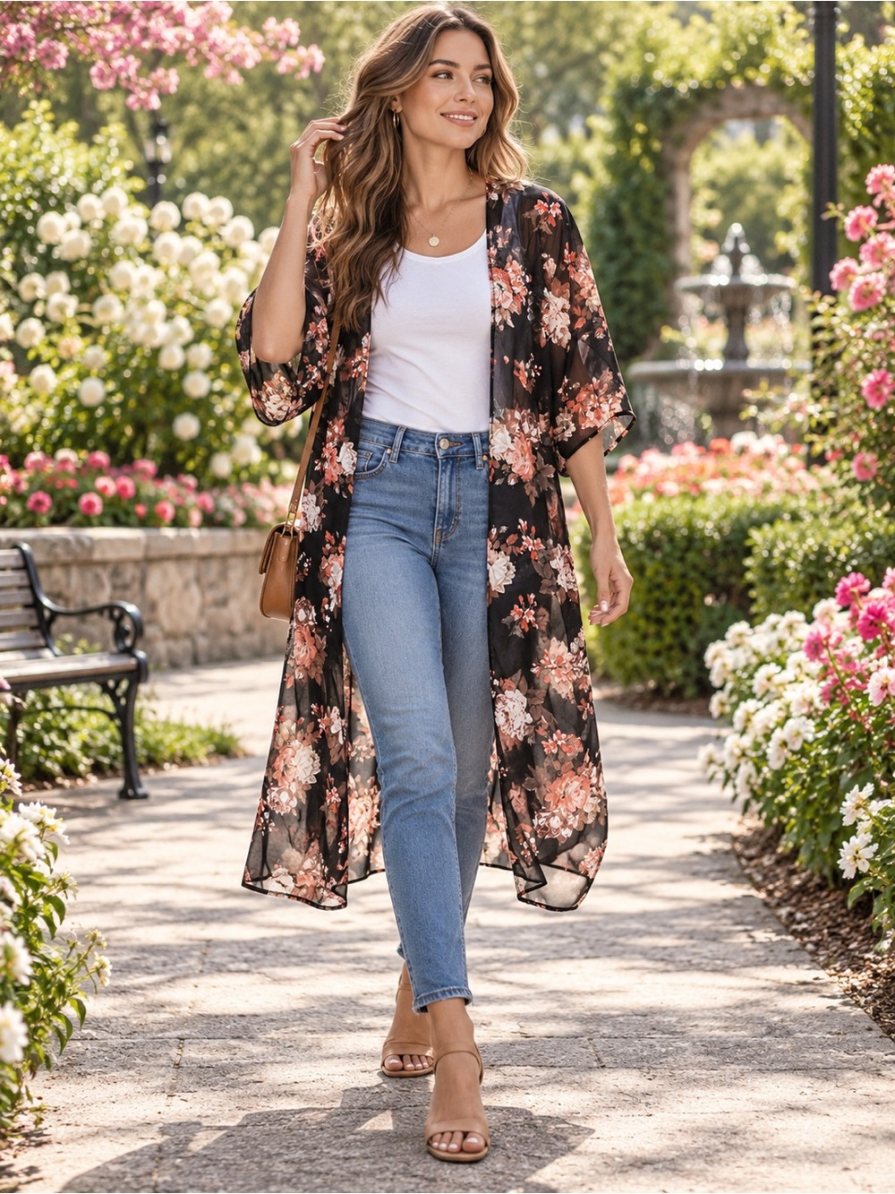 Sheer Floral Open-Front Tunic Kimono - Black with Pink & Cream Floral Print